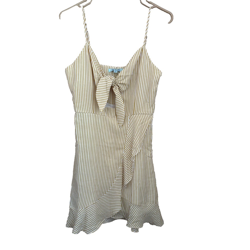 Boho Yellow White Striped Tie Front Ruffle Mini Dress Size M NWT Cottage Coastal